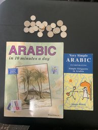 How To Speak Arabic, 2 Language Help Books Plus, $10 U.S Of UAE Dirham Coins