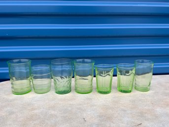 7 Pc Lot Of Assorted Uranium Glass Of Varying Sizes