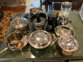 Lot Of Assorted Pots, Pans, Including Oyster Blender & Coffee Maker