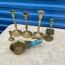 9 Pc Brass Lot: Candle Holders,knife,& Chinese Brass Rice Scoop With Enamel Handle