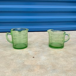 Pair Of Vintage Green Depression Glass Measuring Cups, One With Three Spouts!