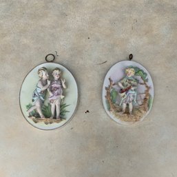 Pair Of Antique Porcelain 3D Victorian Wall Hanging Plaques
