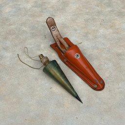 Antique Brass Plumb Bob With Leather Sheath/case