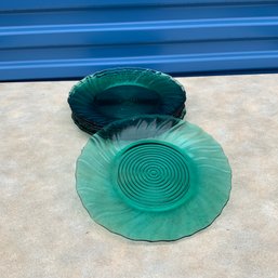 Set Of 7 Jeannette Glass Ultramarine Emerald Depression Swirl Glass Plates