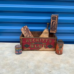 Small Rustic Lot With Antique Reckit Paris Blue Wood Box