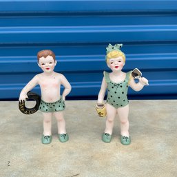 Pair Of Florence Ceramics: Boy&girl Day At The Beach Figurines