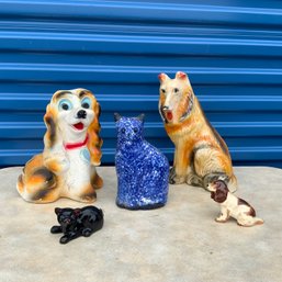 5 Pc Lot Of Dog & Cat Figurines. Including Vintage Cast Dog Piggy Bank& Vintage Blue Spatter Cat Bank!