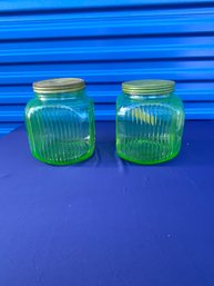 Pair Of 2 Vintage Anchor Hocking Uranium Glass Cookie Canister Jars W/ Ribbed Design