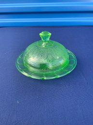 Green Vaseline/depression Glass Etched Cover Dish