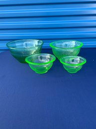 4pc Lot Green Vaseline/depression Glass Bowls