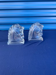 Set Of 2 1950's  Hollow Clear Glass Horse Head Book Ends