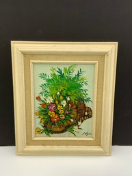 Signed Painting Of Flowers In Pot With Wood Frame