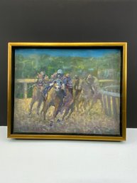 Signed Painting Of Horse Jockeys Racing