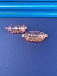 Pair Of Vintage Anchor Hocking ''old Cafe'' Pink Depression Glass Olive, Relish Dishes