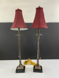 Pair Of Tall Table Lamps With Marble Base & Red Shades