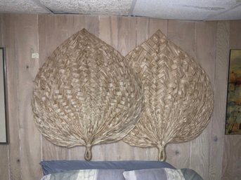 Vintage Lot Of 2 Large Rattan Leaf Shape Wall Decorations (read Info)