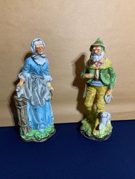 Old Maiden & Old Man Hunting Glazed Ceramic Figurines Pacific Japan