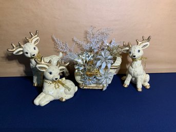 Matching Trio Of Ceramic Reindeer W. Matching Sled Planter, Lot Of 4