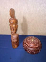 Carved Wood Face Figurine And  Wood Box