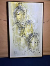 Signed Oil On Canvas 1970 Of Three Girls