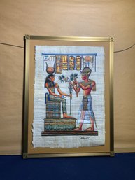 Signed Egyptian Papyrus Painting Of Rasmus II Offering Flowers To The Goddess Hathor