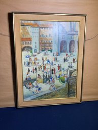 Signed G Oliver Painting Of Crowd Of People