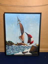 Signed Painting Of Boat On Canvas F. Ian Stahl