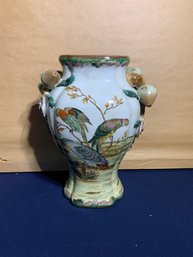 Vintage Crackle White/green Ceramic/metal Birds Vase
