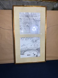 Pencil Sketch Of City/bridge, And Sketch Of Statue/church