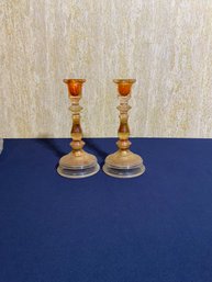 Pair Of Carnival Glass Candlestick Holders