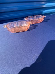 Pair Of Two Cafe Rose Pink Depression Glass Relish Dishes With Handles 1936