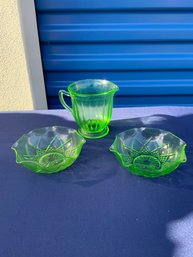 Lot Of 3 Green Depression Glass Pieces, 1 Creamer & 2 Bowls