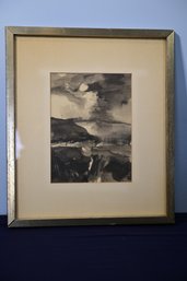 Framed Signed Black & White Watercolor Of Landscape