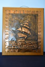 Copper Art Embossed On Wood Board Of Ship