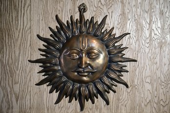 Wall Hanging Brass Metal Sun With Mustache Decoration, Copper Colored