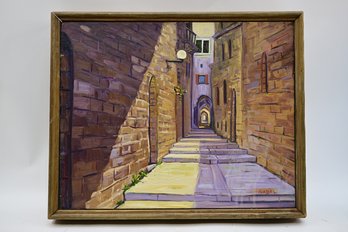 Signed Gabel Painting On Canvas Of Town Alleyway