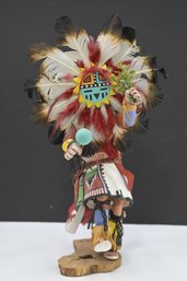Wooden Hand Painted And Hand Carved Hopi Kachina Doll With Elaborate Feather Head Dress - Signed