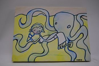 Paint Of Canvas Of Girl Eating Ice Cream With Octopus Signed Kettle