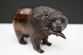 Amazing Piece Of Art-Hand Carved Wood Sculpture Of Bear Eating A Fish