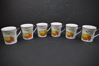 Vintage Set Of 6 Mugs With An Orange Design Made In Japan