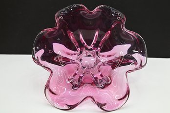 Beautiful Murano Style Floral Form Pink / Cranberry Glass Dish