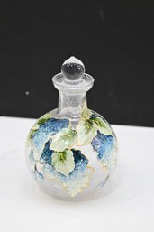 Stunning Hand Painted Glass Decanter / Bottle With Stopper And Grape Motif In Blue & Green