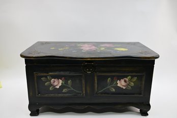 Ebony Wooden Box With Latch And Velvet Interior - Hand Painted With Lovely Floral Motif