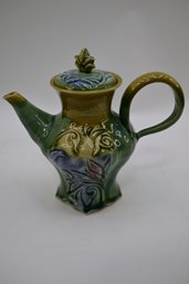 Lovely Glazed Ceramic Teapot In Shades Of Blue, Gold & Green - Signed To Underside