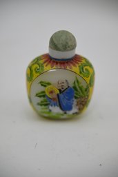 Beautiful Vintage Hand Painted Snuff Bottle With Asian Figures & Characters To Underside