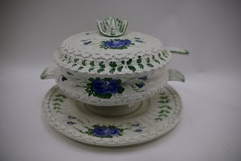 Beautiful Italian Soup Tureen With Spoon - Decorated With Blue Floral Motif