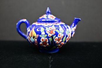 Beautiful Glazed Ceramic Teapot With Floral Motif On Blue Ground - Signed To Underside *see Description*