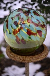 Handblown Colorful Art Glass Orb And Metal Pedestal