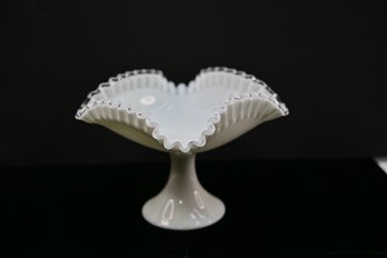 Beautiful Footed / Pedestal Milk Glass Bowl With Ruffled Edge