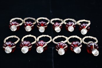 Set Of 12 Pretty Napkin Rings / Holders Featuring A Ruby & Clear Glass Detail